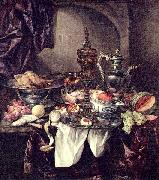 Abraham van Beijeren Still life with fruit, roast, silver- and glassware, porcelain and columbine cup on a dark tablecloth with white serviette. oil on canvas
